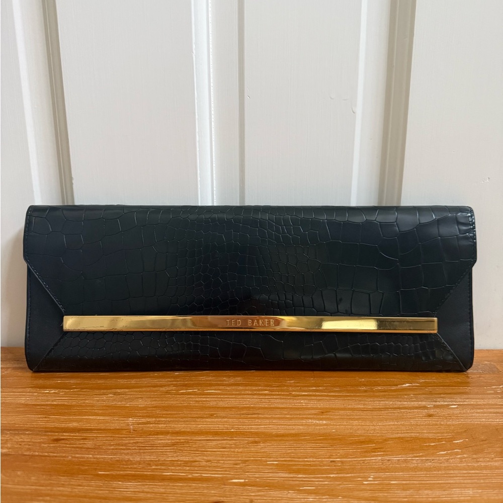 Ted Baker Black Croc-Embossed Envelope Clutch with Gold Accents